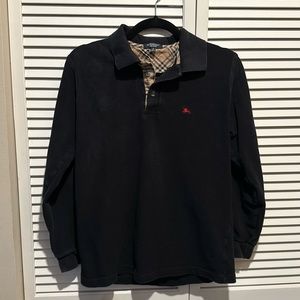 Burberry Long-Sleeve 100% Cotton Polo Shirt Black Classic Plaid Size Small